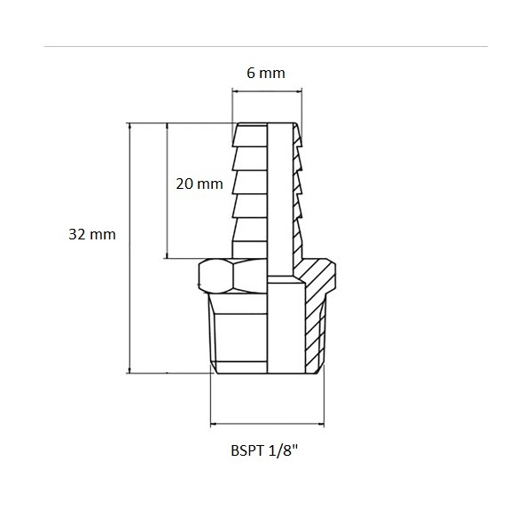 612 Raccordo Maschio BSP 1/8" uscita Ø 6 mm, schema