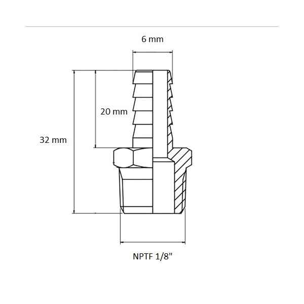 613 Raccord Mâle NPTF 1/8" sortie Ø 6 mm, schéma