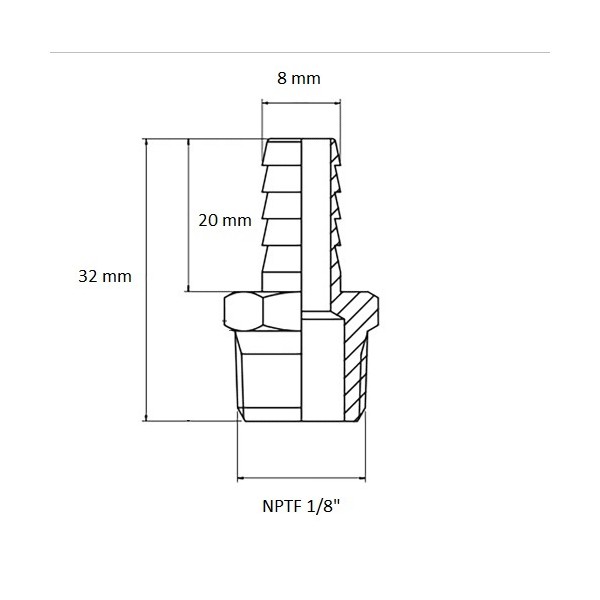 614 Raccord Mâle NPTF 1/8" sortie Ø 8 mm, schéma