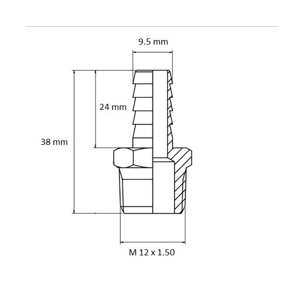 499 Racor Alu M 12 x 1.50 salida Ø 9.5 mm, esquema
