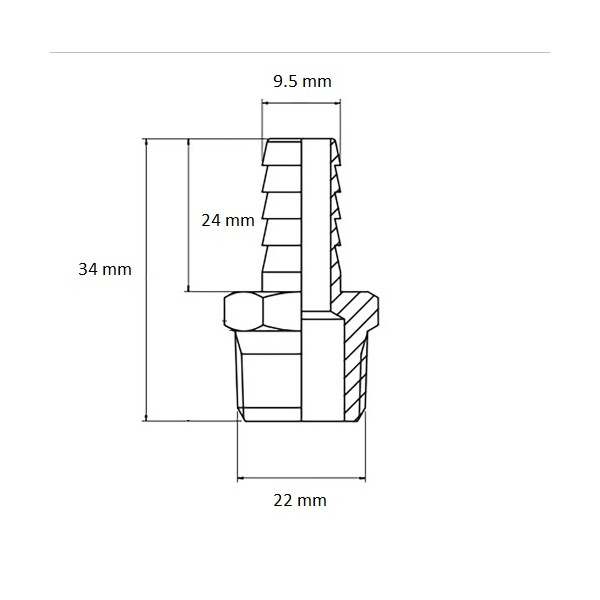556 22 mm threaded connector for submersible filters, 9.5 mm outlet, schema
