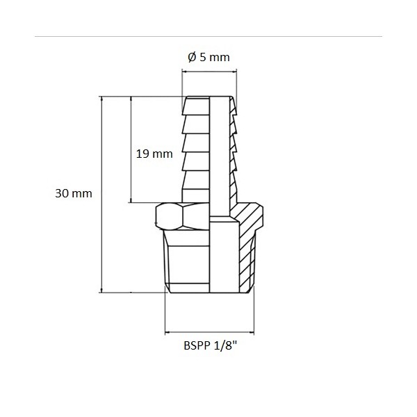 636 Raccord cannelé BSPP 1/8" sortie Ø 5 mm, schéma