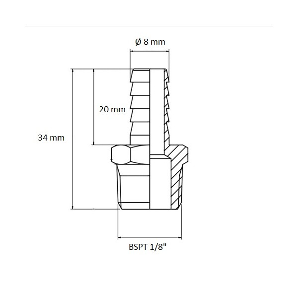 621 Raccord cannelé BSPT 1/8" sortie Ø 8 mm, schéma